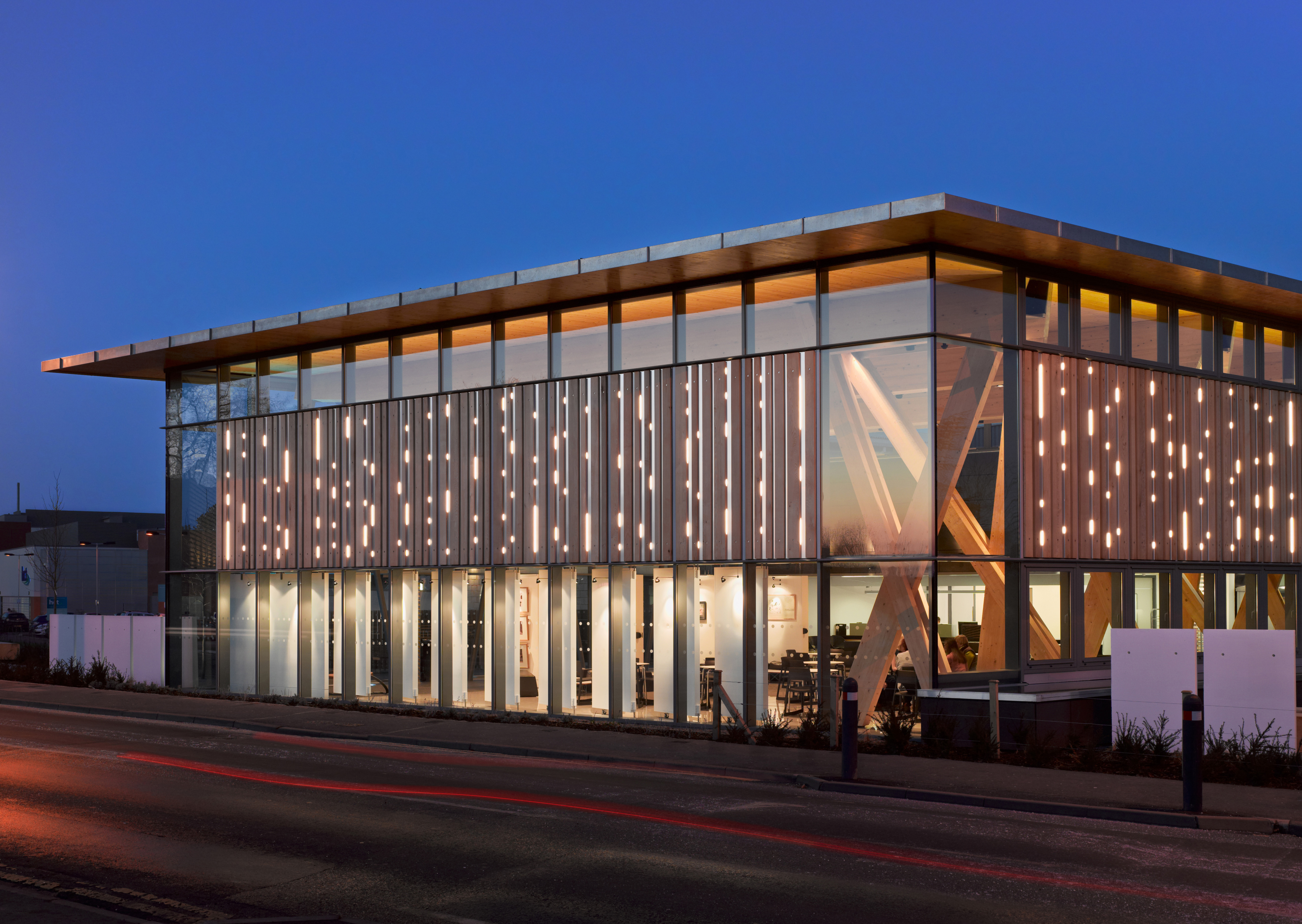 HCA Arts Space Dusk Photograph LED Lighting Timber Cladding Structure