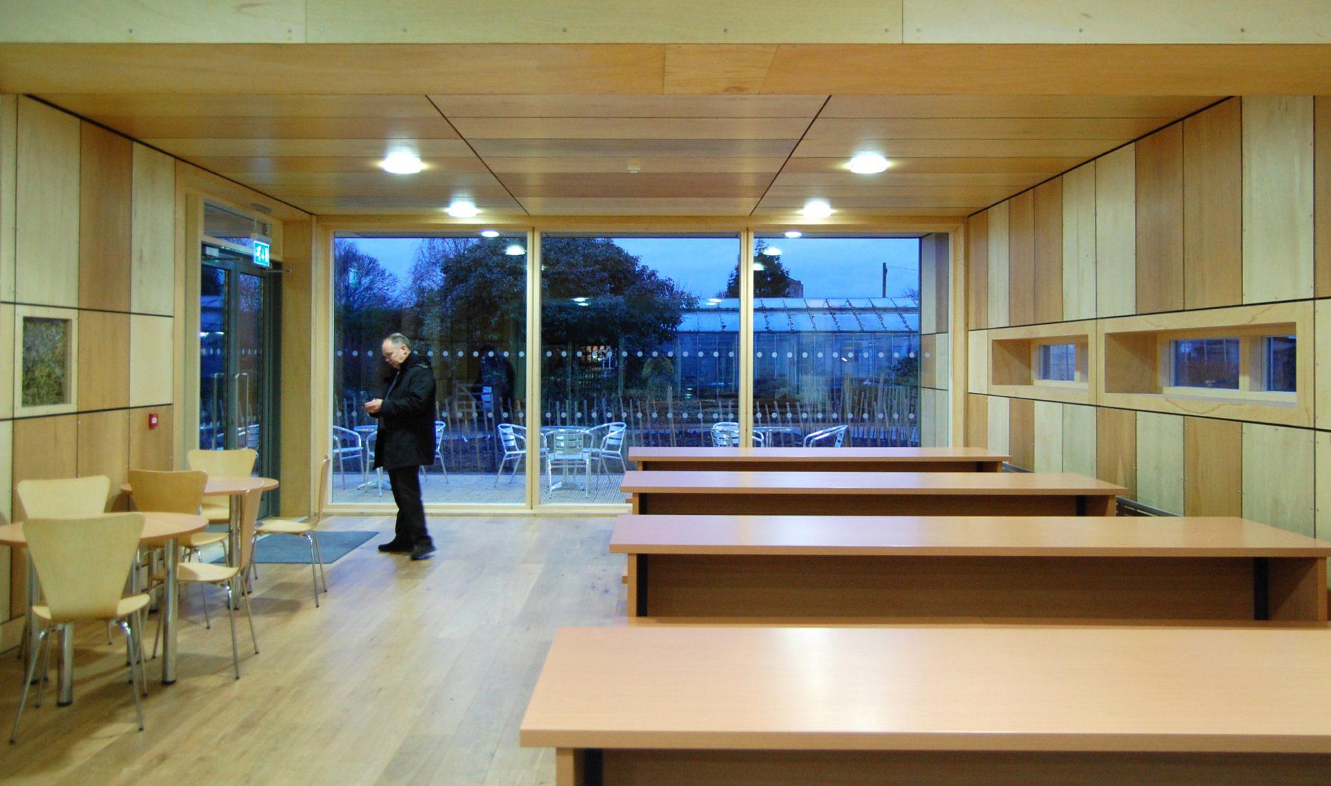 Straw Bale Cafe Interior showing plywood cladding