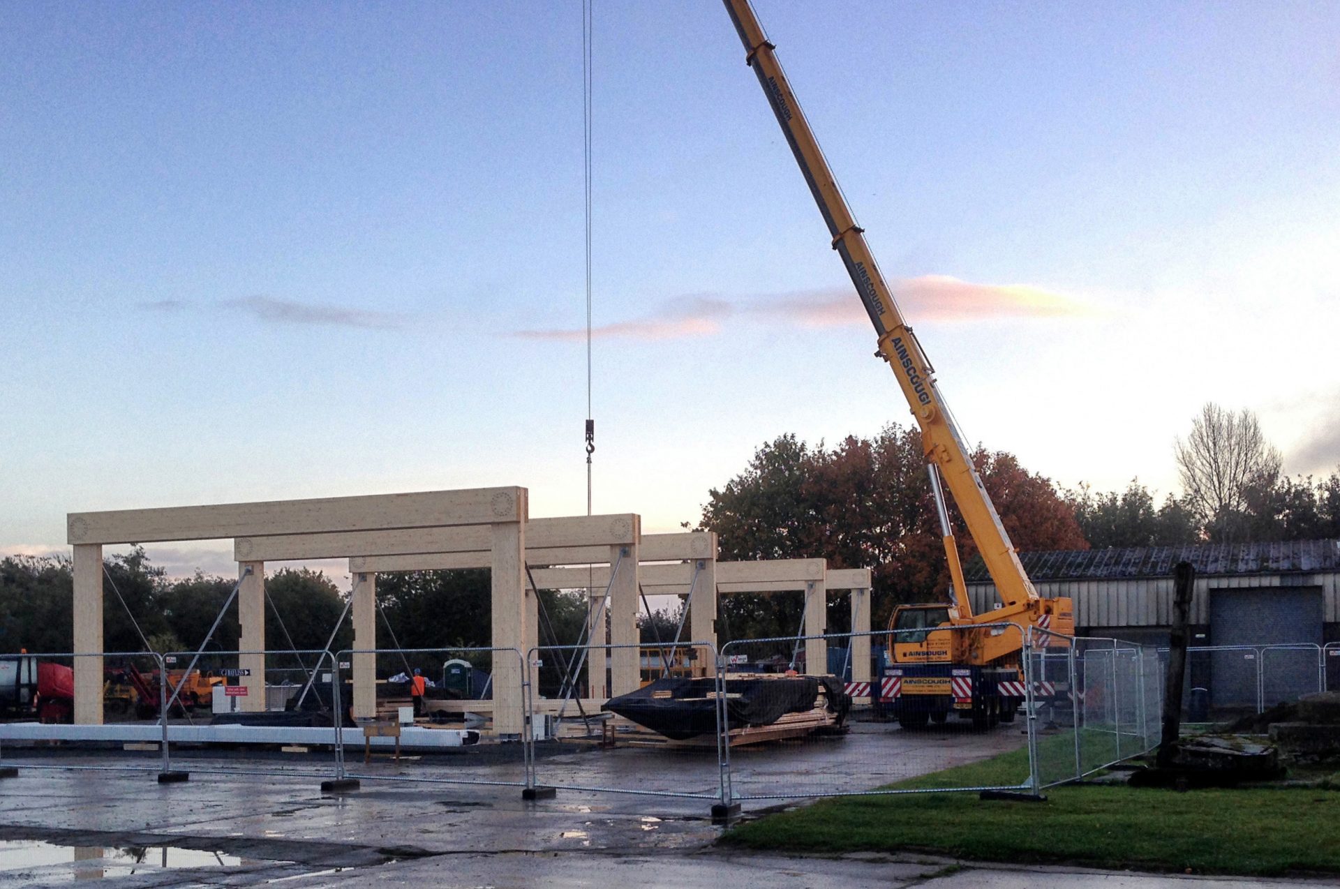Prefab Offsite Holme Lacy CLT Crosslam Flat-Pack Workshop Under Construction Crane Timber