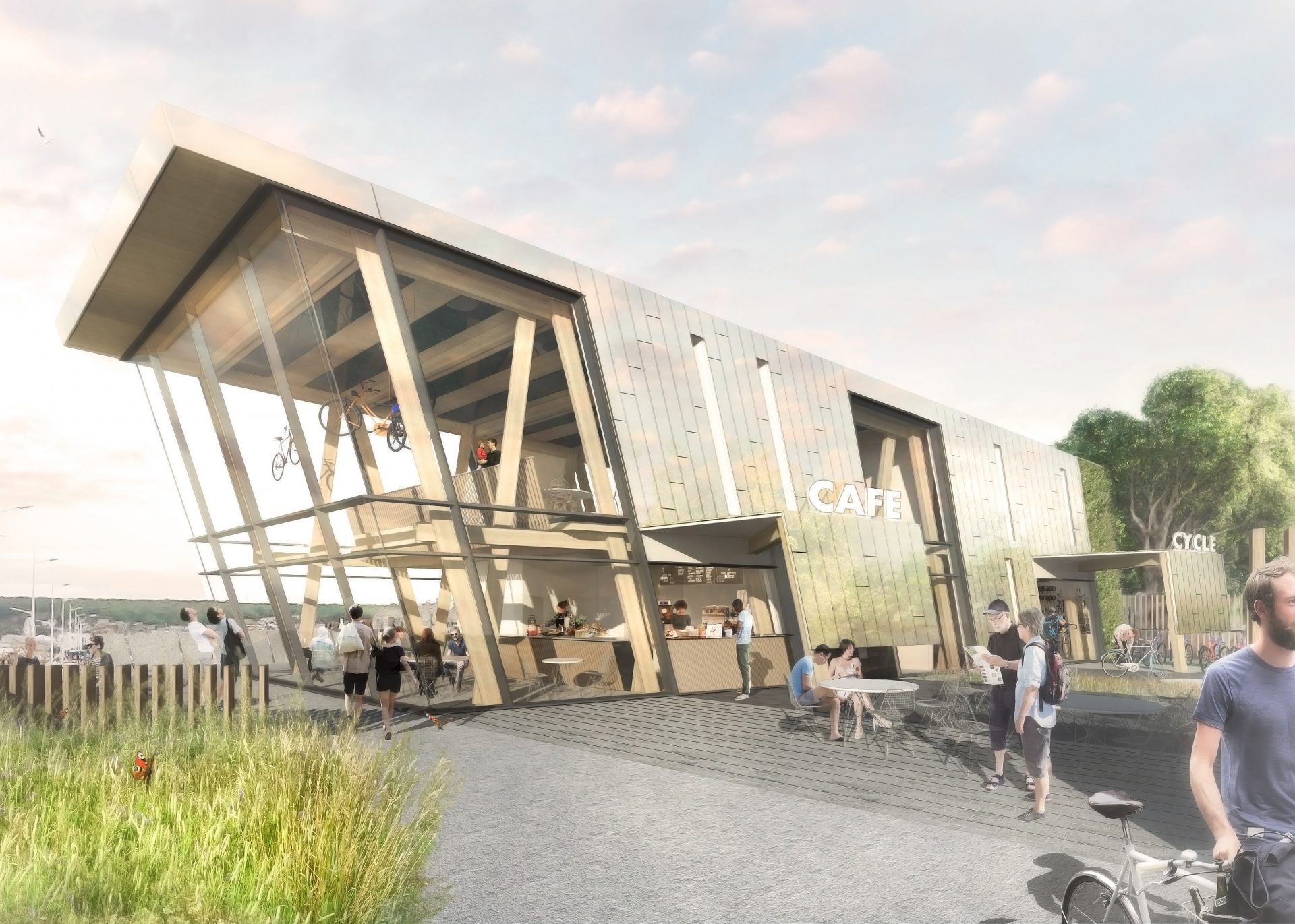 Weston-super-Mare Cycle Activities Centre Cafe Cladding Laminated Timber Frame Hipster